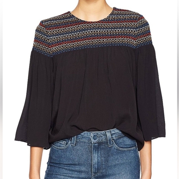 Plenty by Tracy Reese Tops - Tracy Reese Plenty  Black Yoke Shirt Long Sleeve Ruched Embroidered